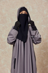 Kalina Steel Grey Hooded Abaya Dress With Pockets - Mediumweight Silk Crepe