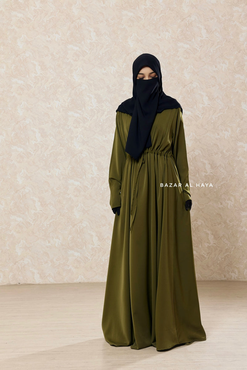 Olive Salam 3 Adjustable Belted Abaya Dress - Front Zipper & Zipper Sleeves - Nida