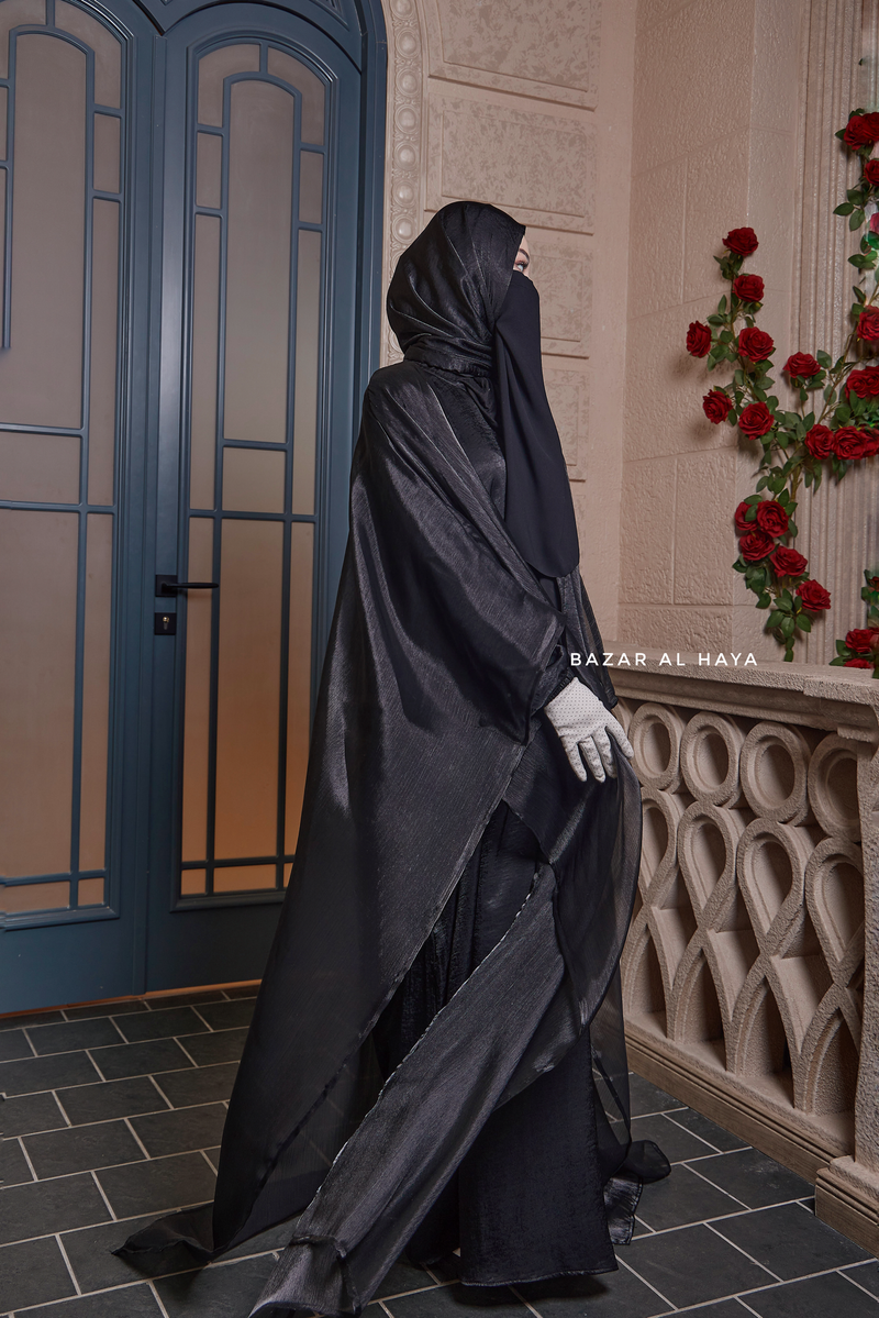 Humaira 3 Piece Abaya Set In Black Organza Luxurious Kaftan With Inner Dress Scarf