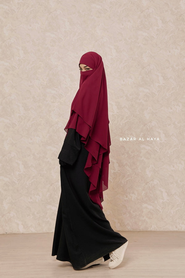 Maroon Pari Two Layered Diamond Khimar - Crepe Chiffon