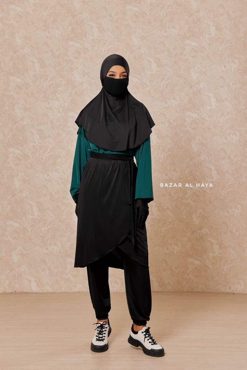 Black Emerald Modest Swimwear 4 Piece Set With Swimdress, Khimar, & Pants - Comfort Swimsuit