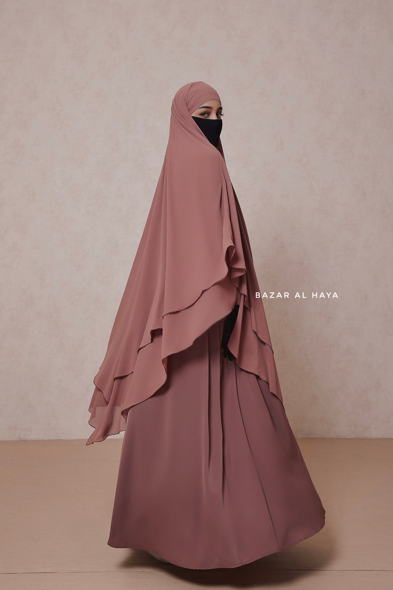 Taupe Rose Pari Layered Khimar & Salam 2 Abaya Set