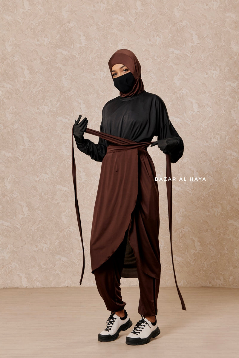 Brown Black Modest Swimwear 4 Piece Swimdress, Khimar, Apron & Pants - Comfort Swimsuit