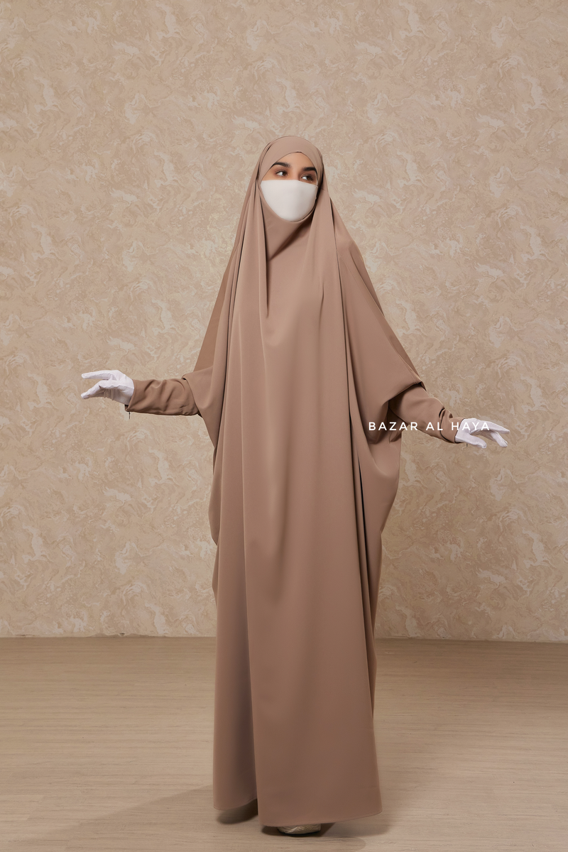 Mocha Sarah One Piece Jilbab - Zipper Sleeves - Silk Crepe