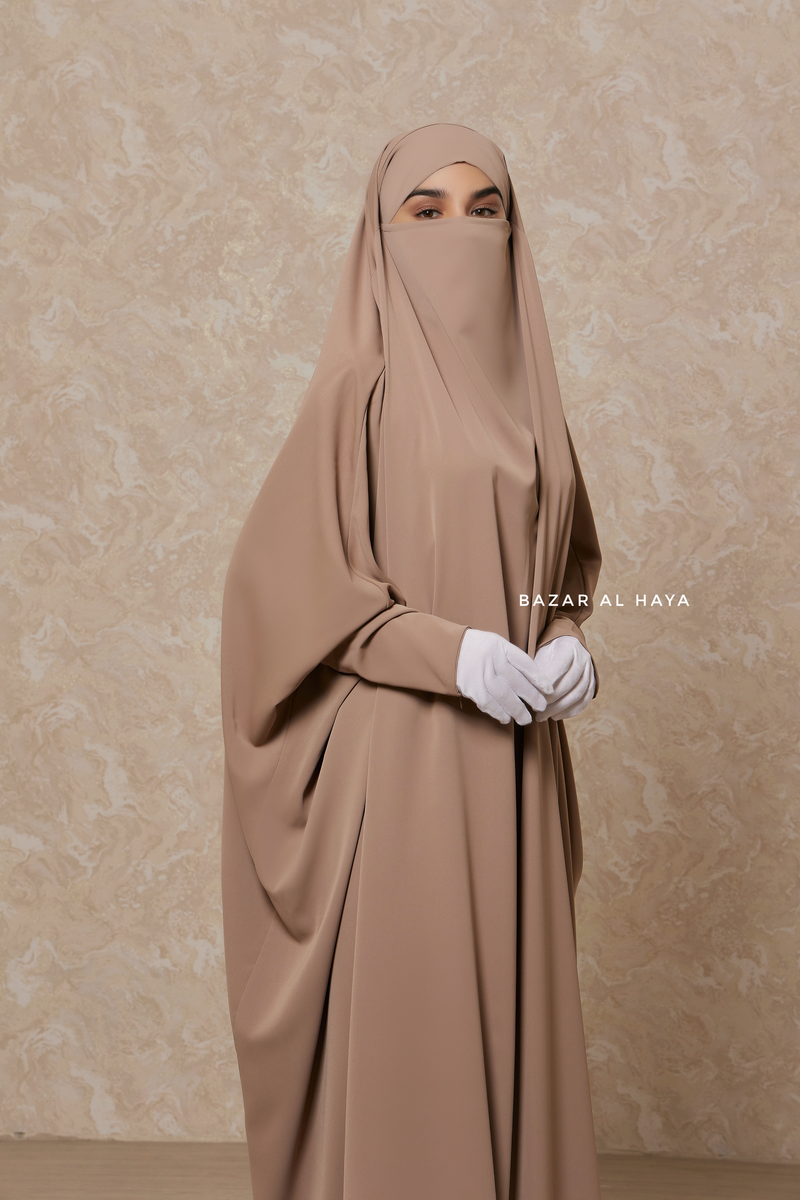 Mocha Sarah One Piece Jilbab - Zipper Sleeves - Silk Crepe