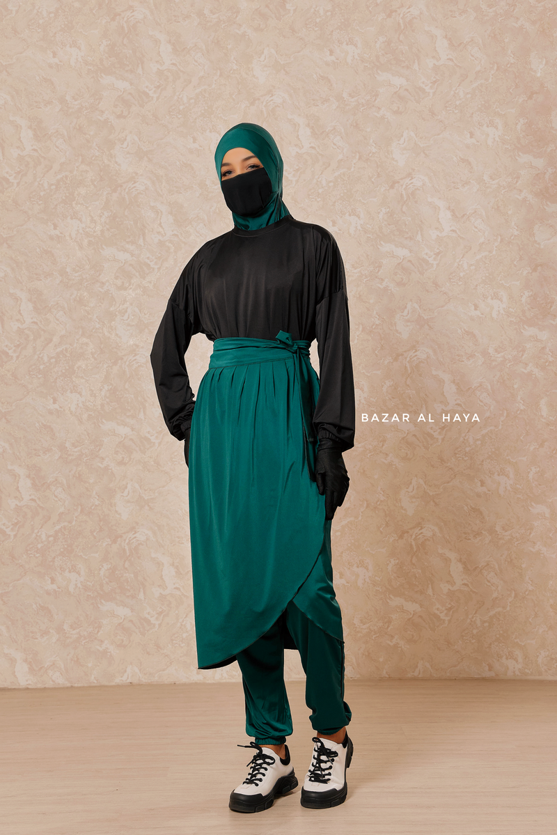 Emerald Black Modest Swimwear 4 Piece Set With Swimdress, Khimar, & Pants - Comfort Swimsuit