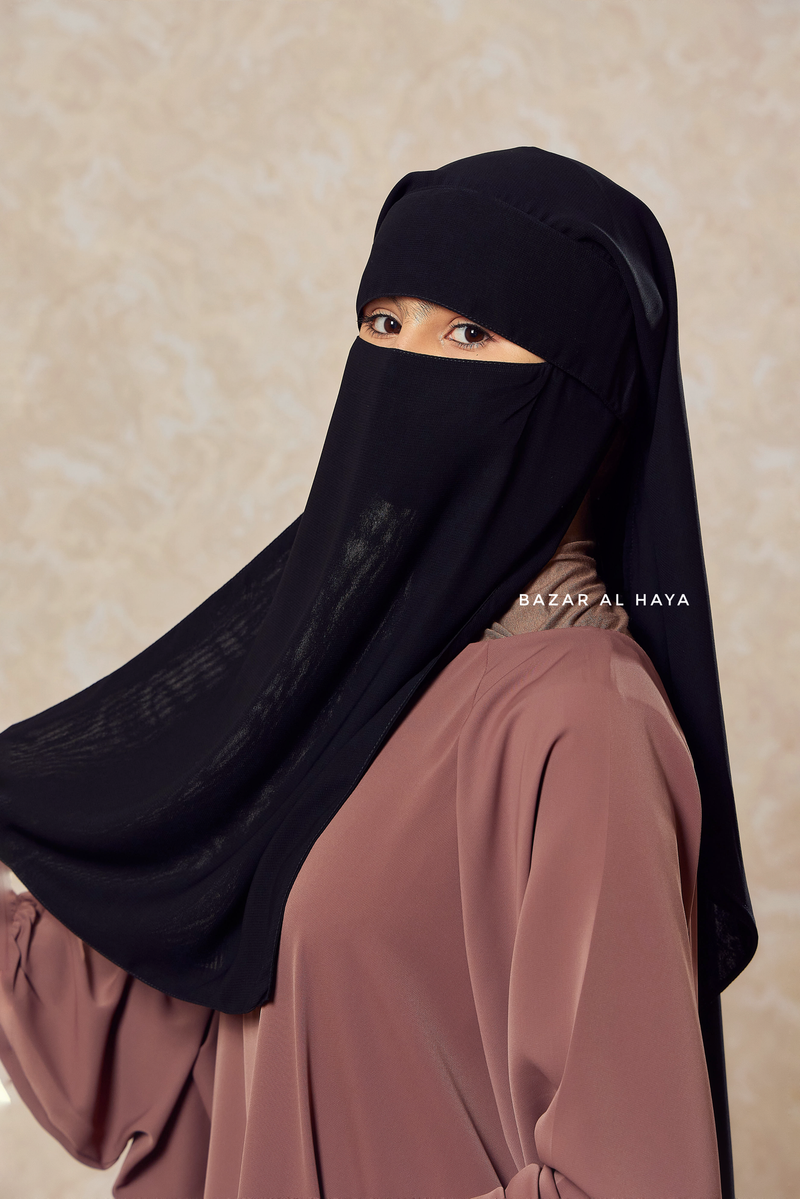 Long Black Two Layer Flap Niqab - Wide - Super Breathable Veil