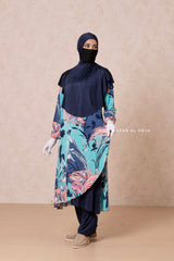 Floral Print Modest Swimwear Three Piece Set - Swimdress, Khimar, & Pants - The Comfort