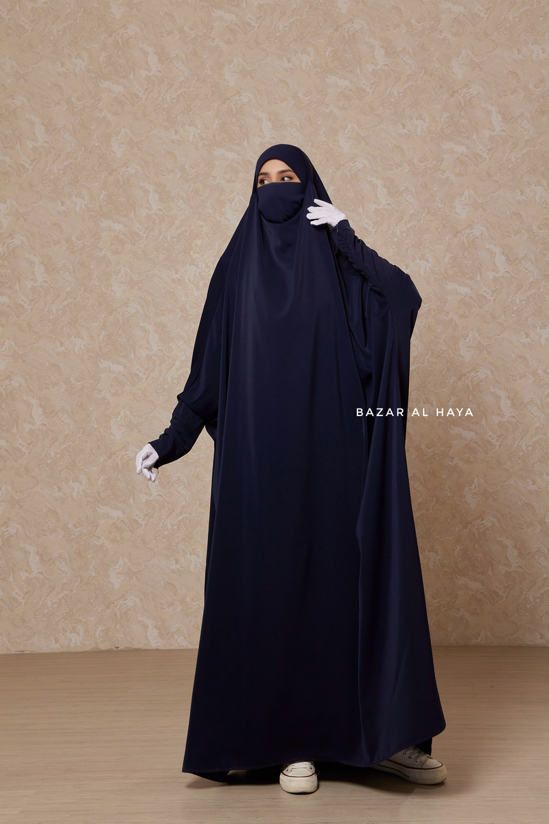 Dark Blue Sarah One Piece Jilbab - Zipper Sleeves - Silk Crepe