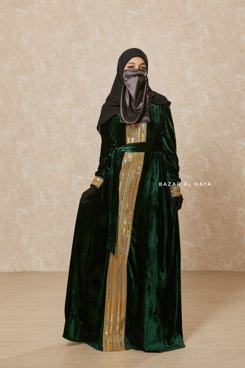 Emerald Green Irfah Luxurious Plush Pombarch Kaftan - Abaya Dress With Belt