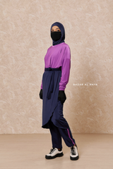 Navy Purple Modest Swimwear 4 Piece Swimdress, Khimar, Apron & Pants - Comfort Swimsuit