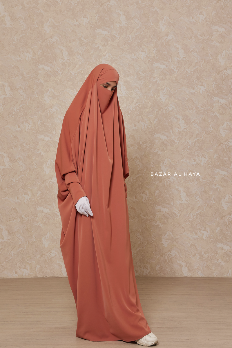 Peach Sarah One Piece Jilbab - Zipper Sleeves - Silk Crepe