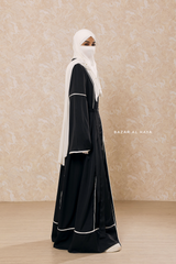 Black Fazeela Open Front Abaya In Classic Design - Premium Silk Crepe