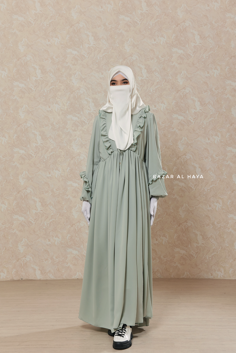 Mint Afsah Ruffle Lightweight Abaya Dress - Breathable Crepe Cotton