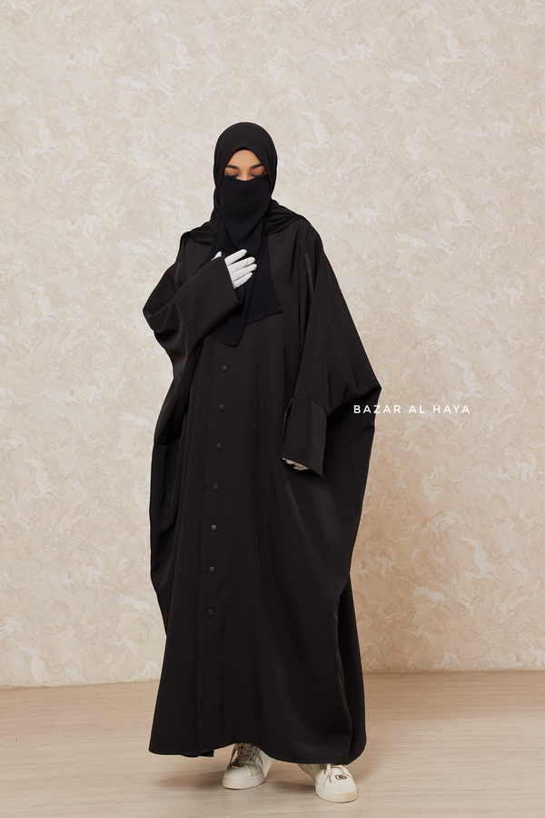 Black Falak Classic Loose Fit Abaya Coat With Scarf - Pockets & Zippers