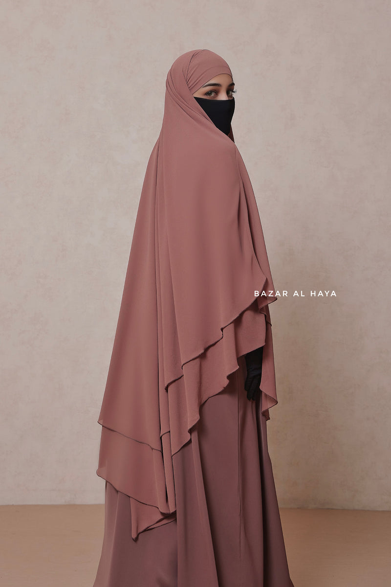 Taupe Rose Pari Layered Khimar & Salam 2 Abaya Set