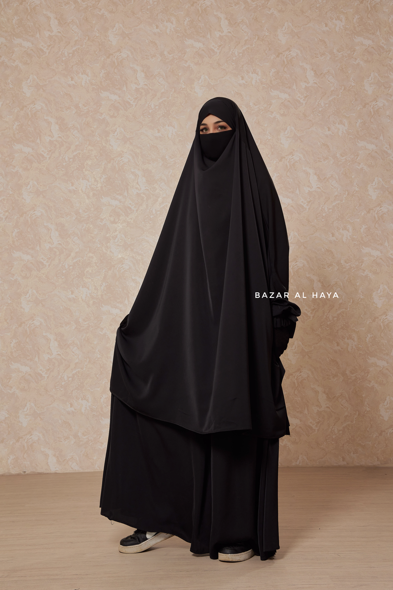 Black Jahida Two Piece Jilbab With Loose Pants Set - Skirt-Style Shalwar