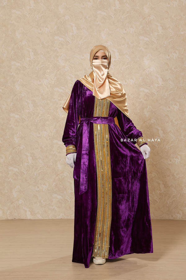 Purple Irfah Luxurious Plush Pombarch Kaftan - Abaya Dress With Belt