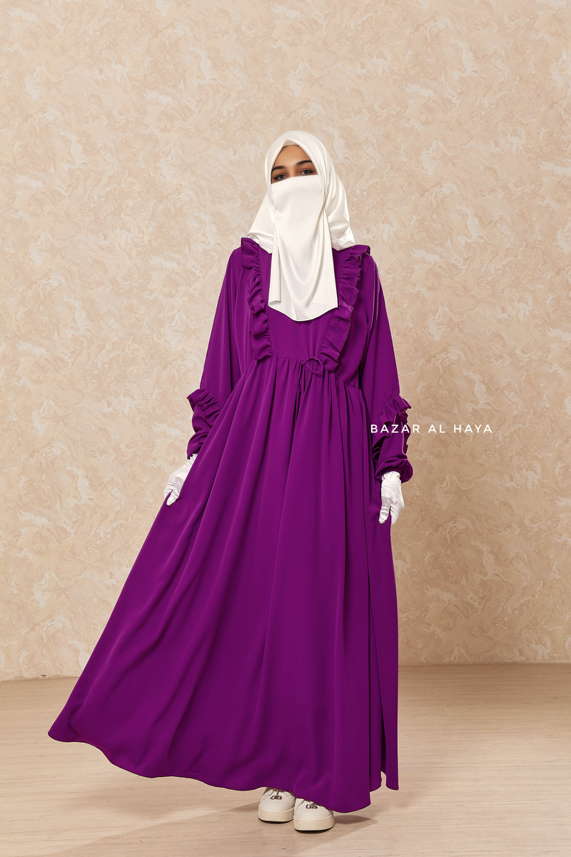 Afsah Bright Purple 3-D Ruffles Lightweight Abaya Dress - Soft Breathable Crepe Cotton