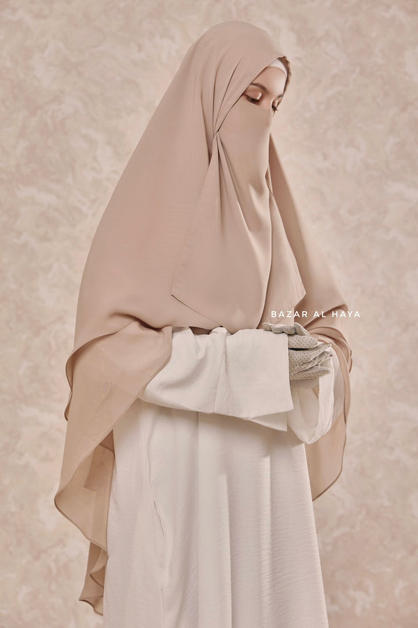 Creme Beige Two Layered Snap Scarf, Khimar, Cape - Super Soft - 3 in 1