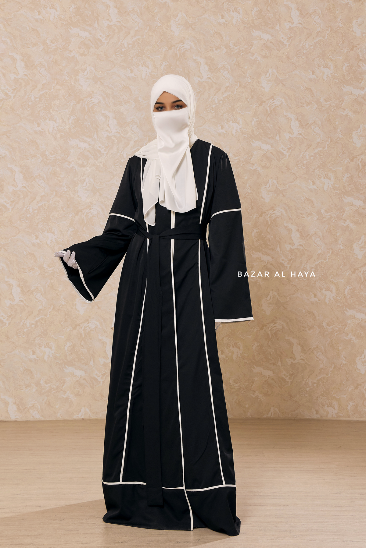 Black Fazeela Open Front Abaya In Classic Design - Premium Silk