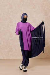 Navy Purple Modest Swimwear 4 Piece Swimdress, Khimar, Apron & Pants - Comfort Swimsuit