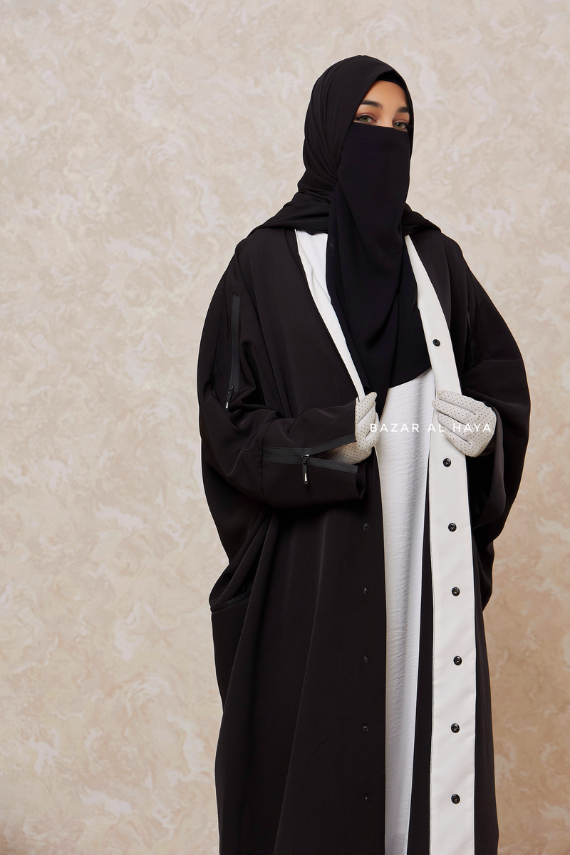 Black Falak Classic Loose Fit Abaya Coat With Scarf - Pockets & Zippers