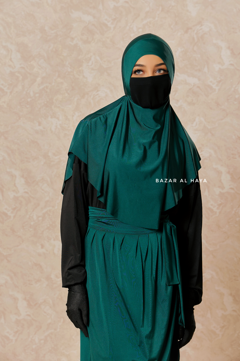 Emerald Black Modest Swimwear 4 Piece Set With Swimdress, Khimar, & Pants - Comfort Swimsuit