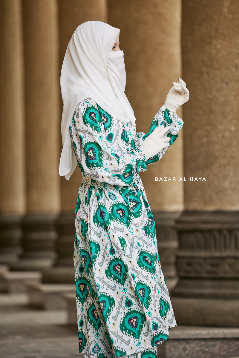 Inaya Teal & White Print Three Piece Top Dress & Wide Pants Set With Belt