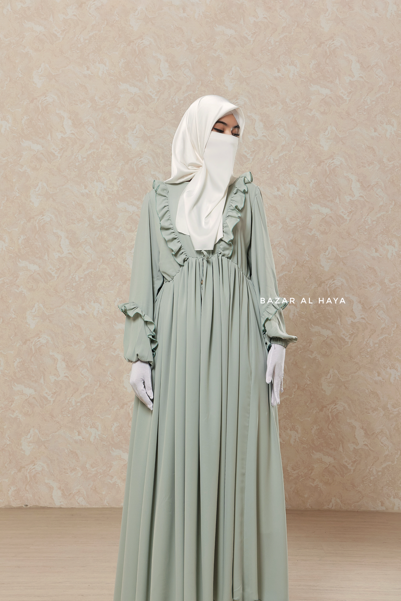 Mint Afsah Ruffle Lightweight Abaya Dress - Breathable Crepe Cotton