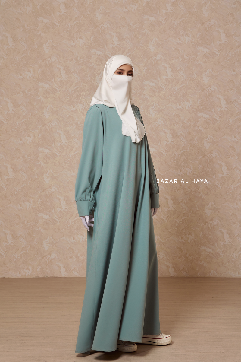 Rania Mint Abaya Dress Half-Placket Button Front & Sleeve - Mediumweight Soft Crepe Cotton