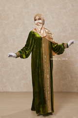 Pistachio Irfah Luxurious Plush Pombarch Kaftan - Abaya Dress With Belt