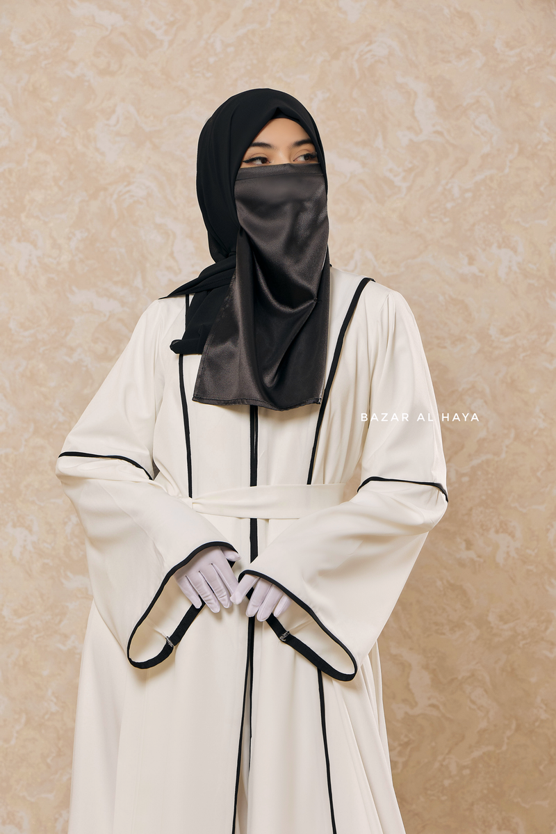 White Fazeela Open Front Abaya In Classic Design - Premium Silk Crepe