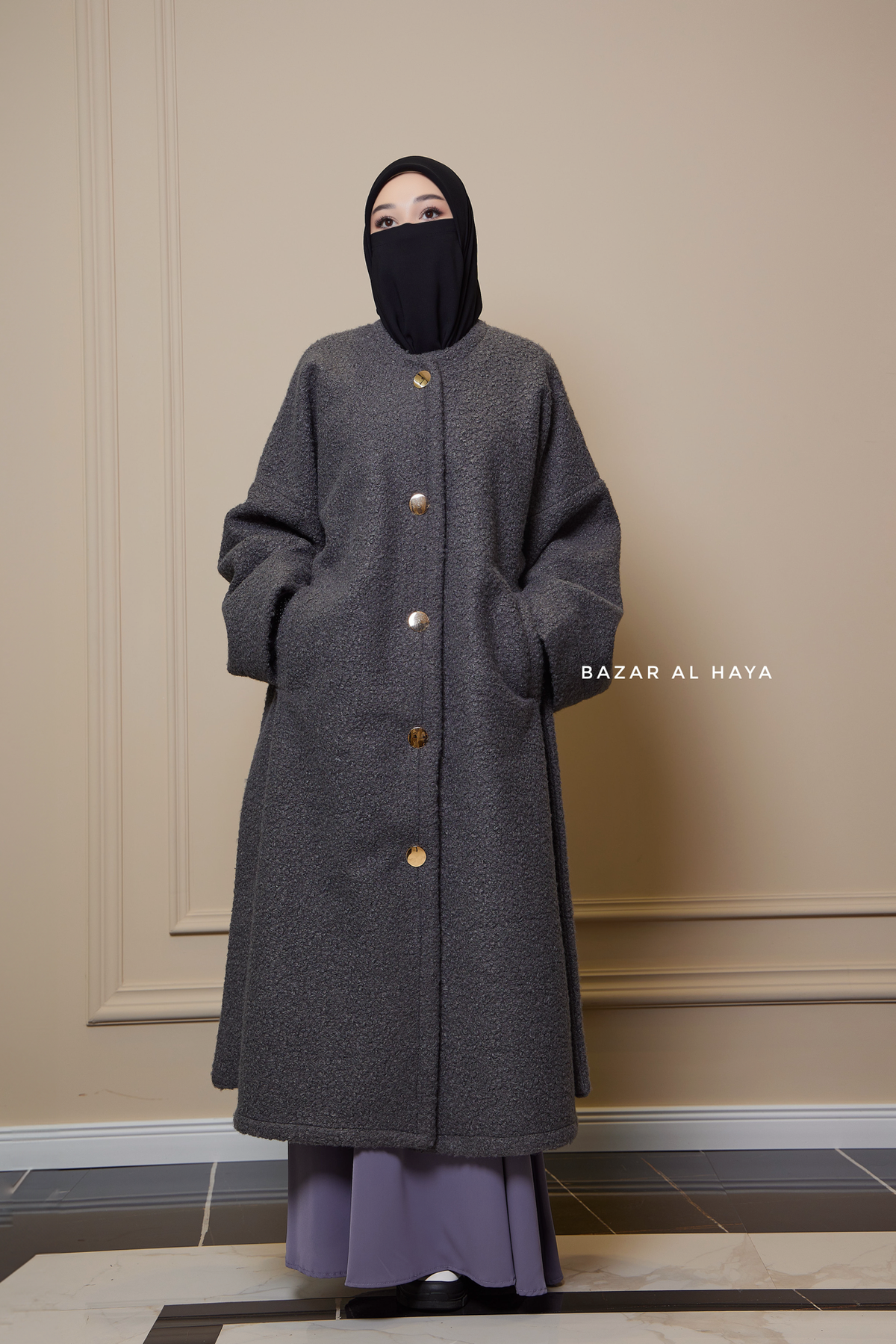 Steel Grey Damla Loose Warm Coat - Premium Teddy Wool – Bazar Al Haya