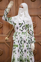 Inaya Green & White Print Three Piece Top Dress & Wide Pants Set With Belt