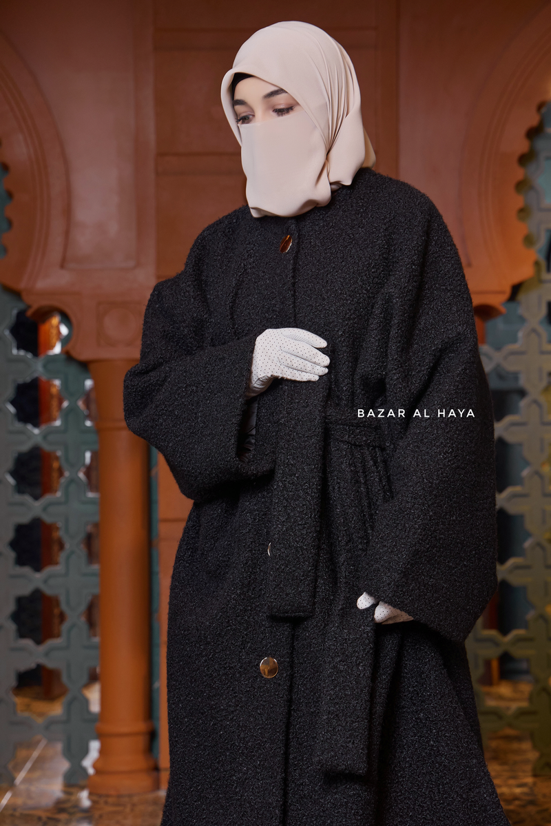 Black Damla Loose Warm Coat - Premium Teddy Wool