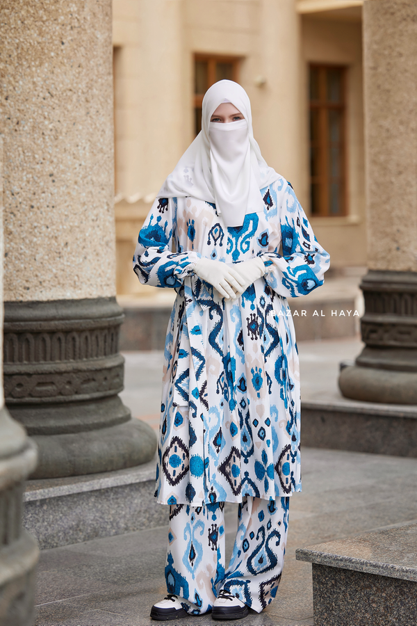 Inaya Ocean & White Print Three Piece Top Dress & Wide Pants Set With Belt