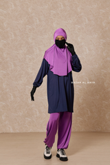 Purple Navy Modest Swimwear 4 Piece Swimdress, Khimar, Apron & Pants - Comfort Swimsuit