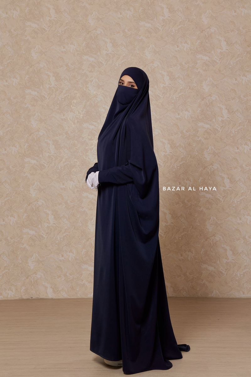 Dark Blue Sarah One Piece Jilbab - Zipper Sleeves - Silk Crepe