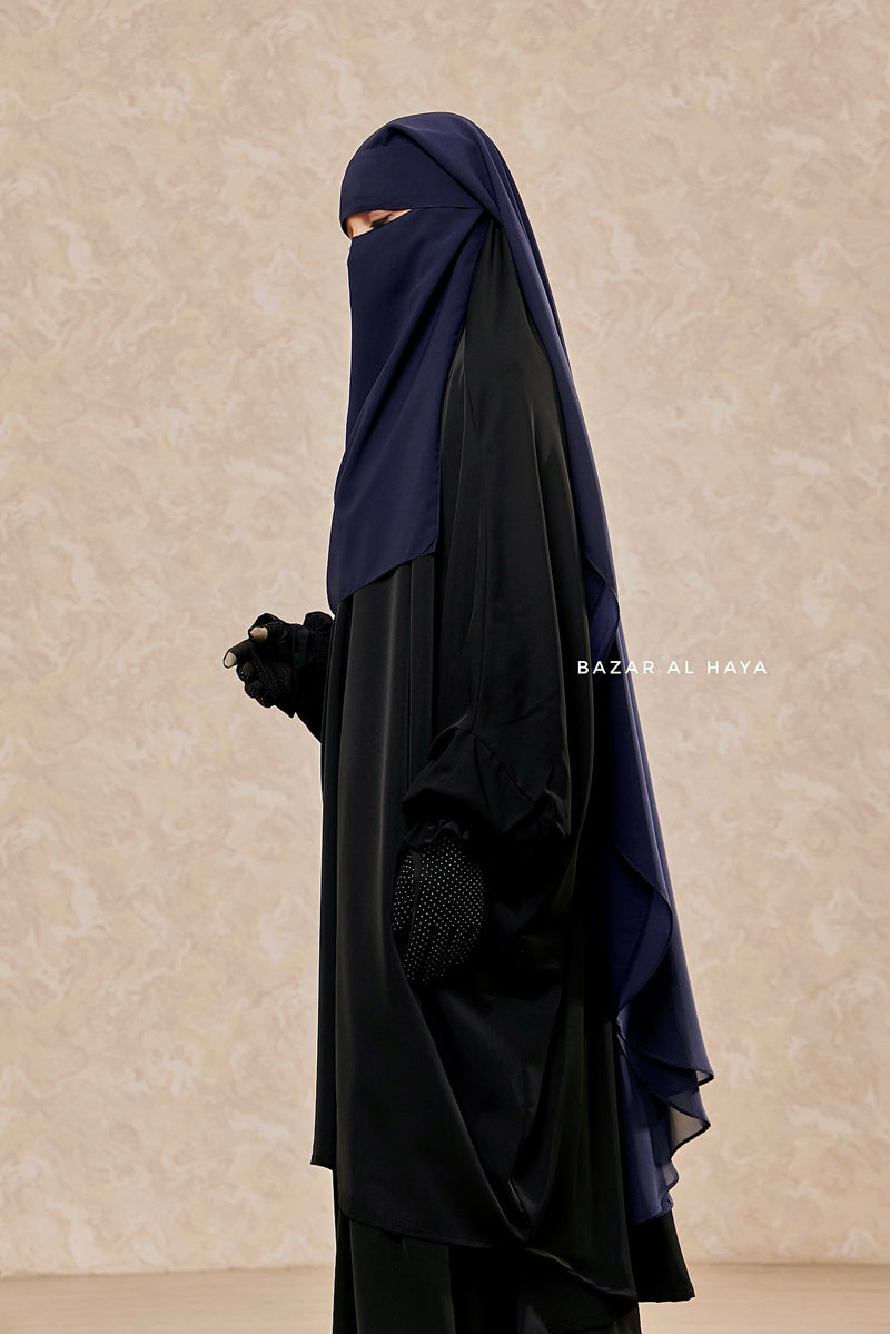 Dark Blue Flap Two Layer Niqab - Long & Wide - Super Breathable Veil - Large