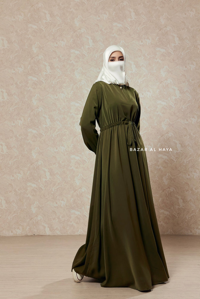 Salam 3 Olive Belted Abaya Dress - Front Zipper & Zipper Sleeves - Nida