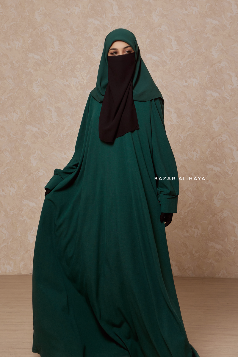 Rania Emerald Green Abaya Dress Half-Placket Button Front & Sleeve - Mediumweight Soft Crepe Cotton