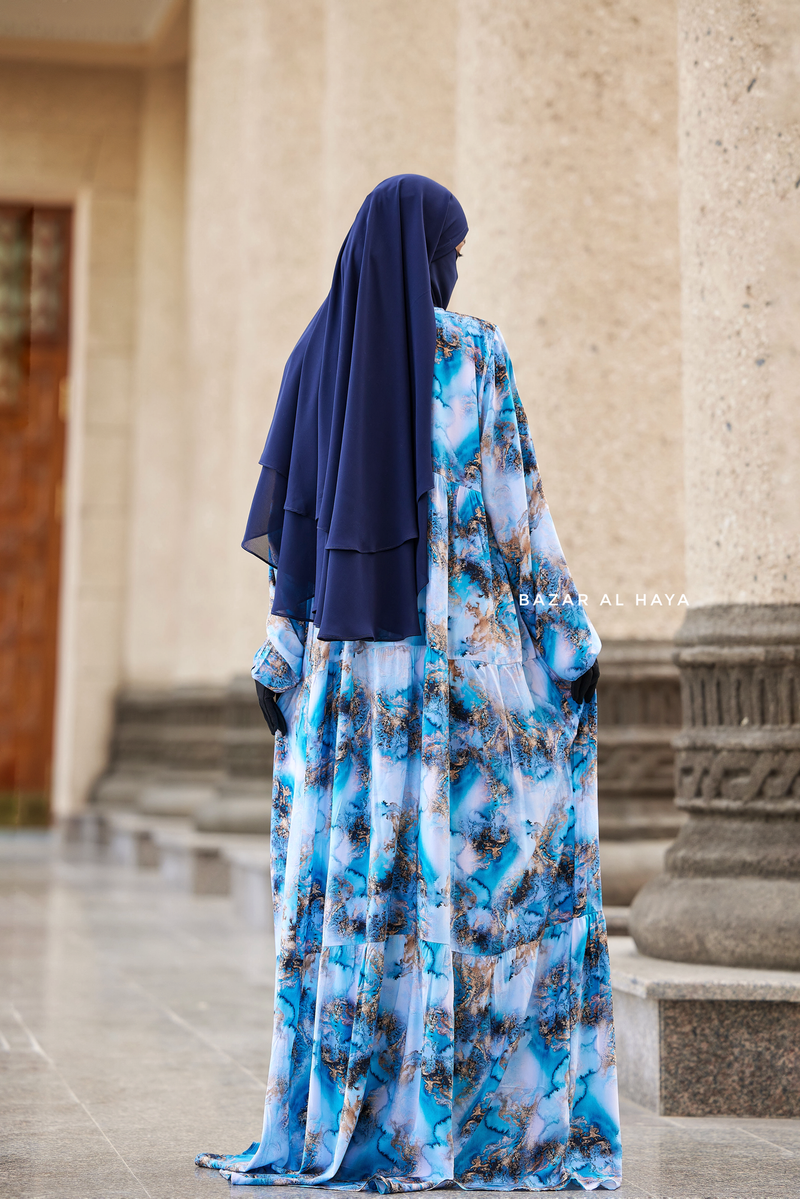 Sadia Ocean/Gold Print Dress - 100% Cotton Summer Tiered Abaya, Front Zipper