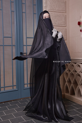 Humaira 3 Piece Abaya Set In Black Organza Luxurious Kaftan With Inner Dress Scarf