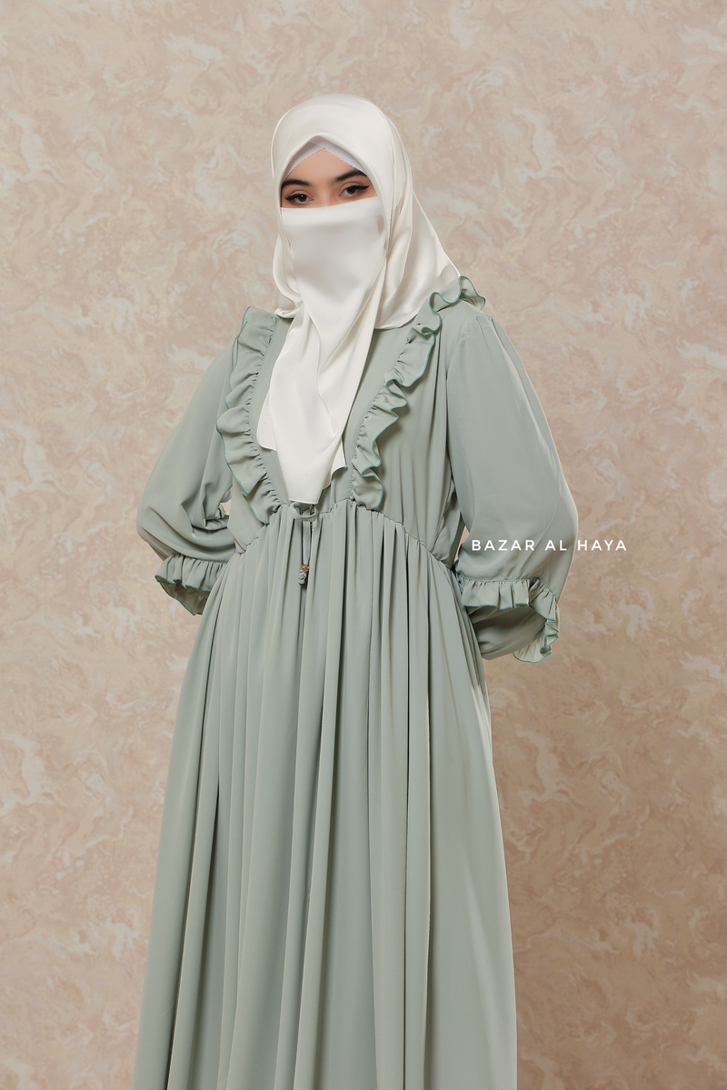 Mint Afsah Ruffle Lightweight Abaya Dress - Breathable Crepe Cotton