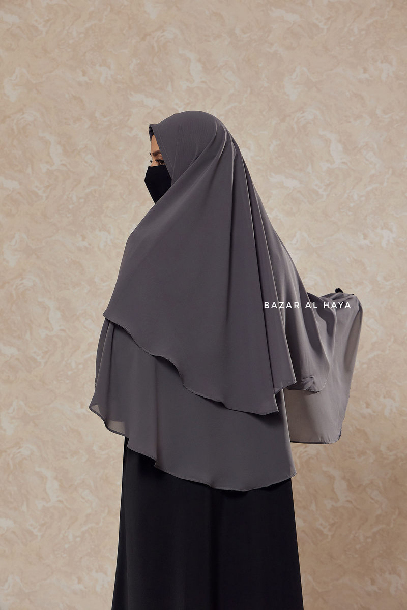 Grey Two Layered Three -In- One Snap Scarf, Khimar, Cape - Medium