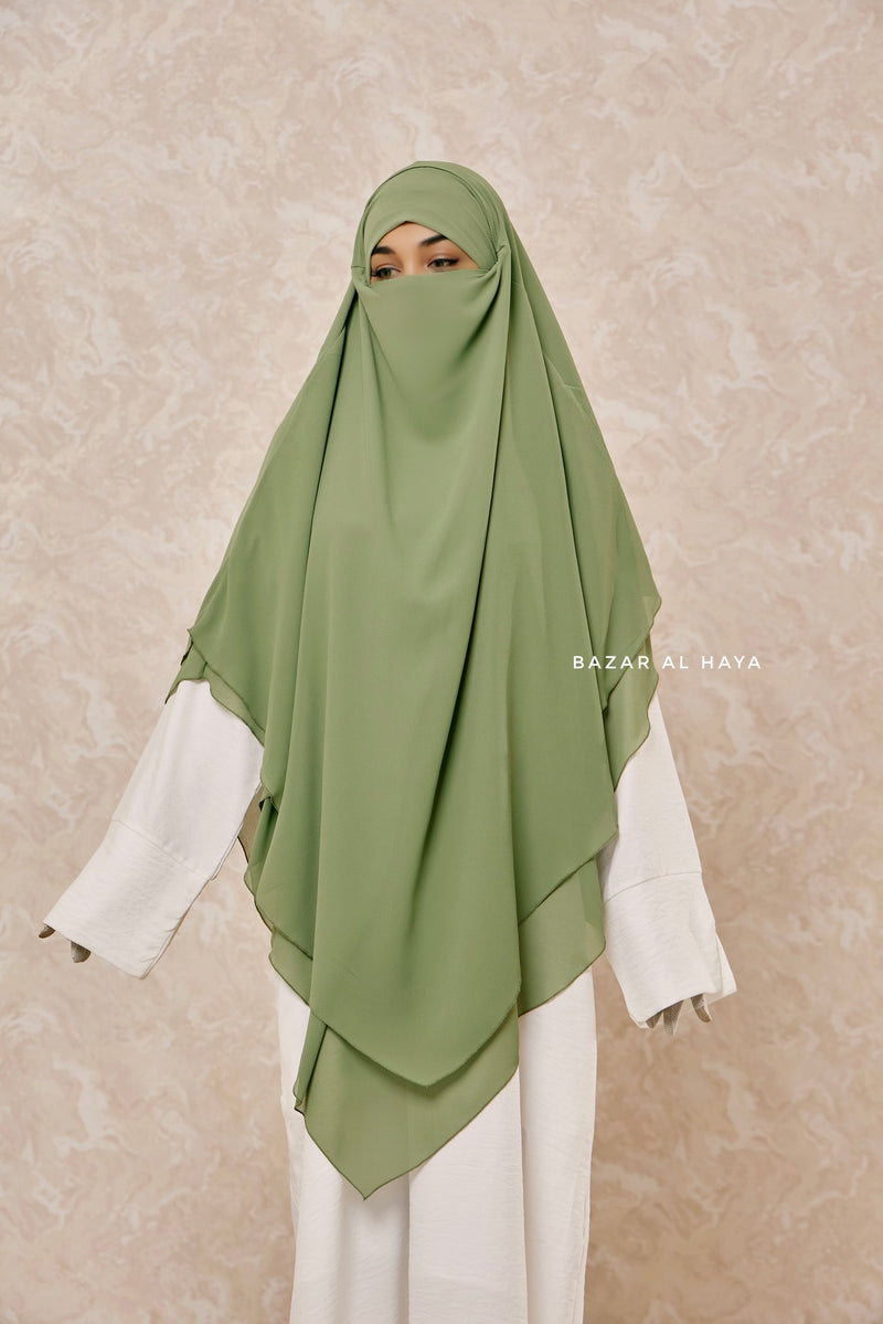 Olive Pari Two Layered Maxi Diamond Khimar - Crepe Chiffon