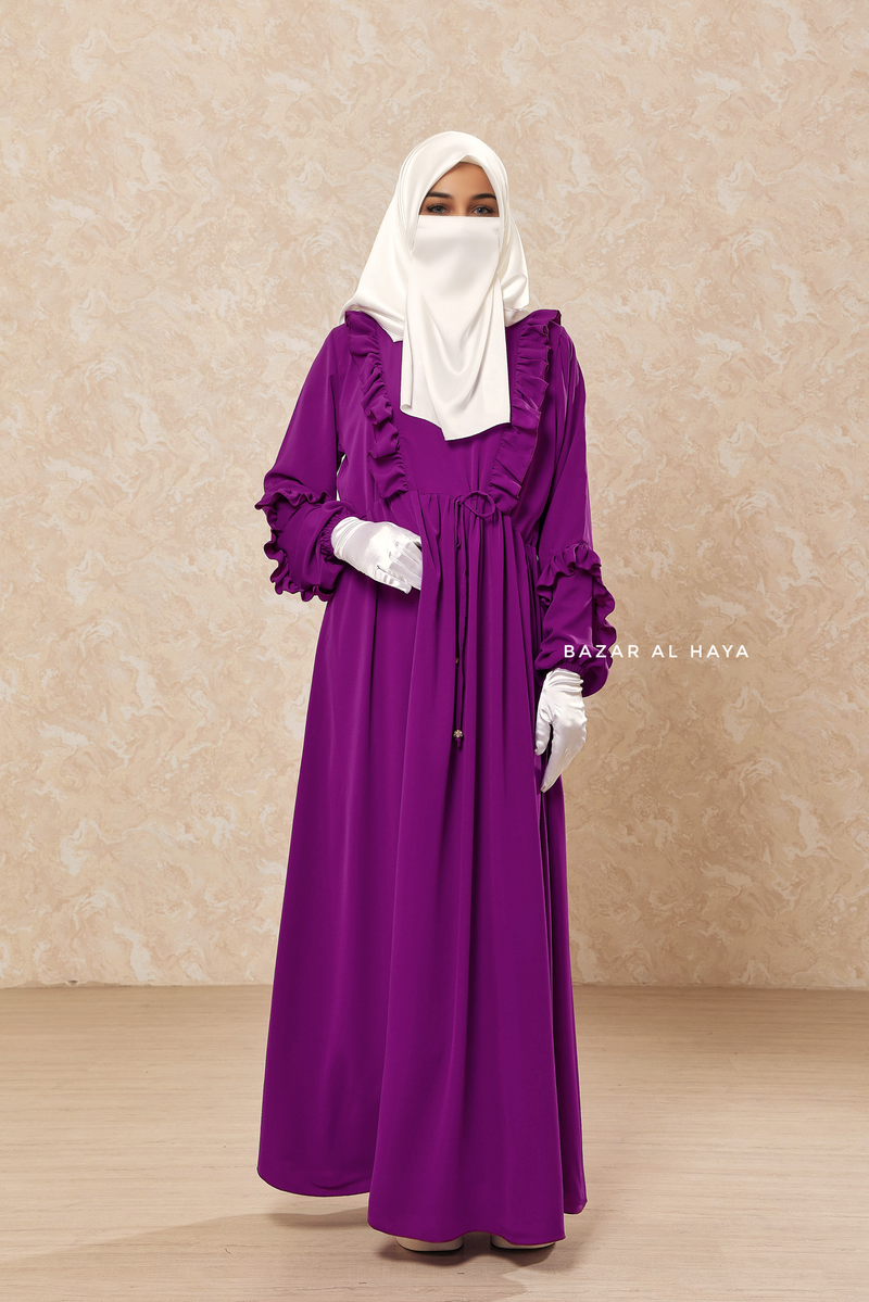 Afsah Bright Purple 3-D Ruffles Lightweight Abaya Dress - Soft Breathable Crepe Cotton