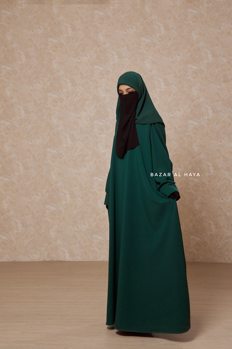 Rania Emerald Green Abaya Dress Half-Placket Button Front & Sleeve - Mediumweight Soft Crepe Cotton M Rania Emerald Green Abaya Dress Half-Placket Button Front & Sleeve - Mediumweight Soft Crepe Cotton M
