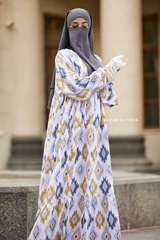 Sadia White/Yellow Print Dress - 100% Cotton Summer Tiered Abaya - Front Zipper